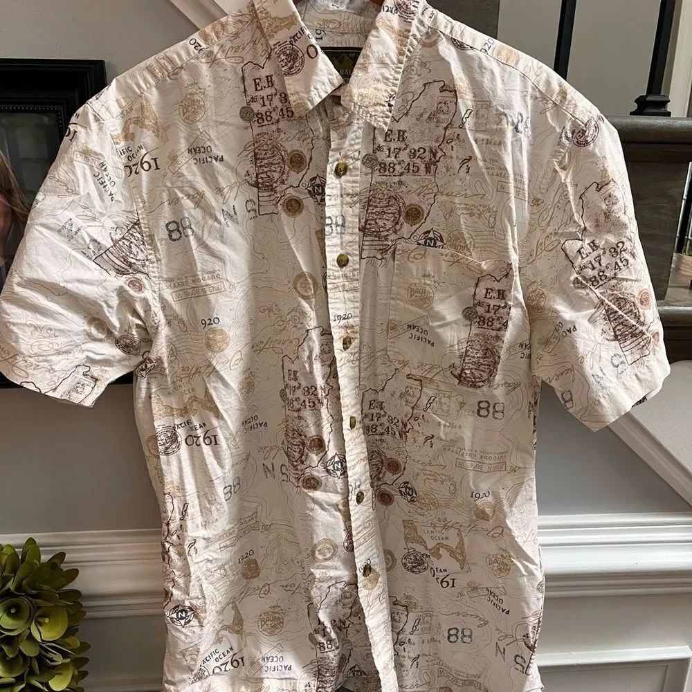 Eddie Bauer Sport Shop Map Motif Short Sleeve Button Down Shirt sz L